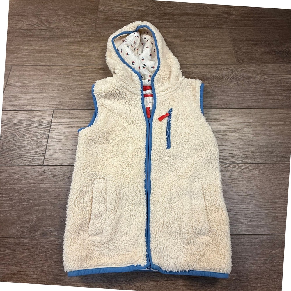 Mini Boden Girls Fleece Sherpa Hooded Zip Front Vest 11/12 Blue Trim Lined